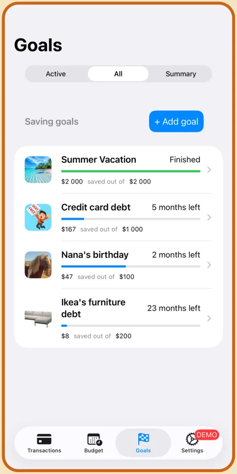 Savings goals list with progress bars, amounts saved and months remaining