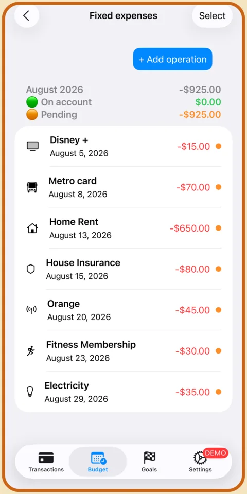 Fixed expenses list in Budget Fury showing rent, insurance, streaming and utilities with paid and pending totals