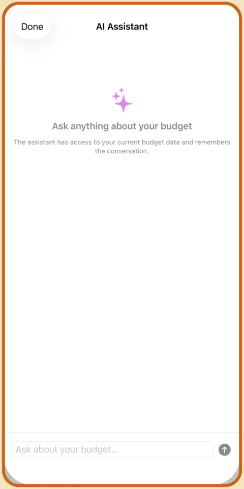Budget Fury AI assistant screen: ask anything about your budget, powered by Apple Intelligence on device