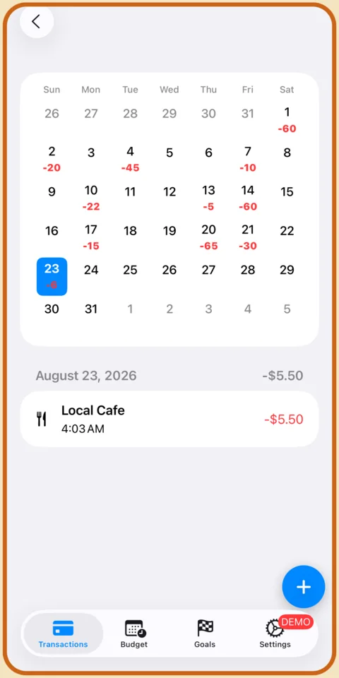 Calendar view in Budget Fury with a spend total on each day and the selected day's transactions below