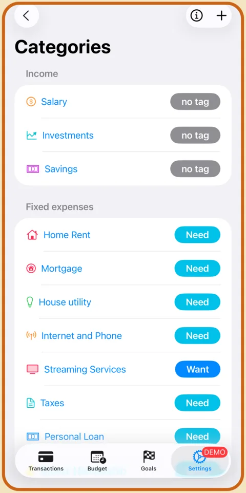 Category list in Budget Fury with each category tagged Need or Want for the 50/30/20 split