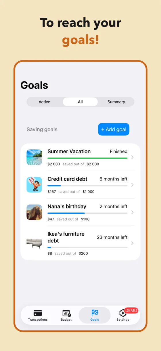 Savings goals in Budget Fury with progress bars and months remaining for a vacation, credit card debt and furniture