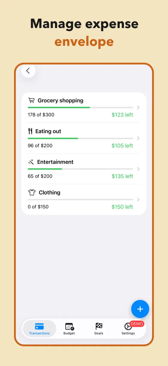 Expense envelopes for grocery shopping, eating out, entertainment and clothing showing amount left in each