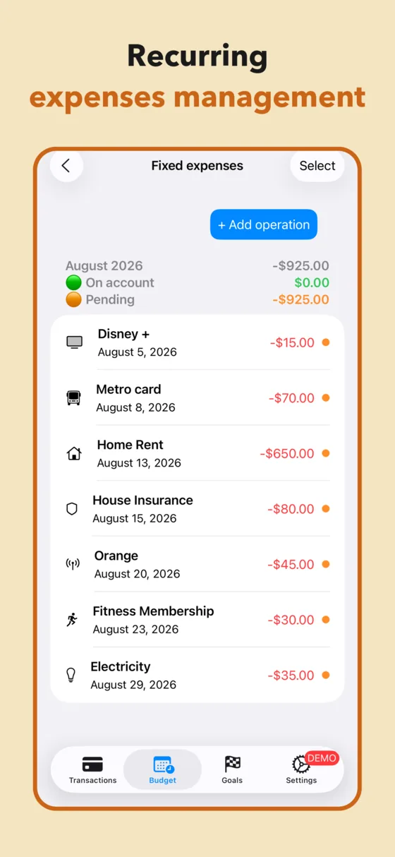 Recurring fixed expenses list showing rent, insurance, streaming and utilities with pending and paid amounts