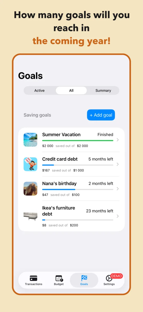 Goals overview showing how many savings goals will be reached in the coming year