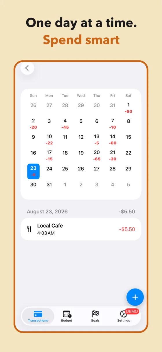 Calendar view of daily spending with per-day totals and the selected day's transactions