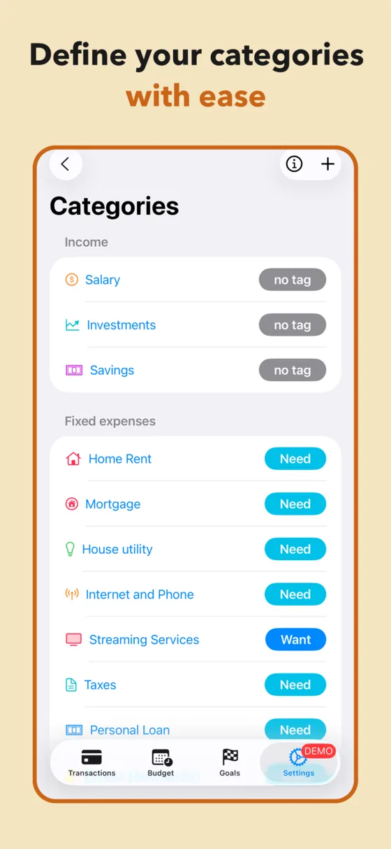 Category management screen with income and fixed expense categories tagged Need or Want for 50/30/20 budgeting