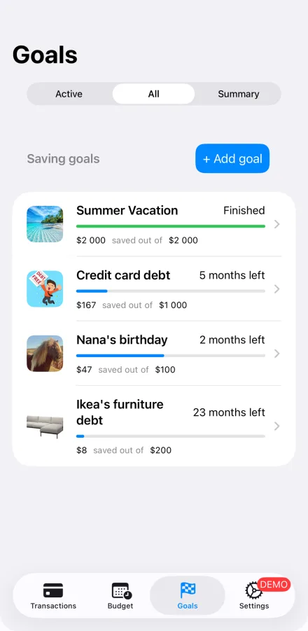 Savings goals with progress bars: summer vacation finished, credit card debt, a birthday and furniture debt with months remaining.