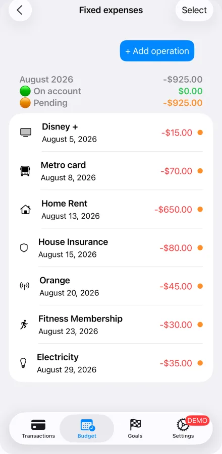 Recurring fixed expenses listed by date — rent, insurance, streaming and utilities — split into paid and pending.
