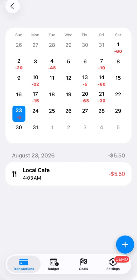 A calendar month view with per-day spending totals and the selected day's transactions listed below.