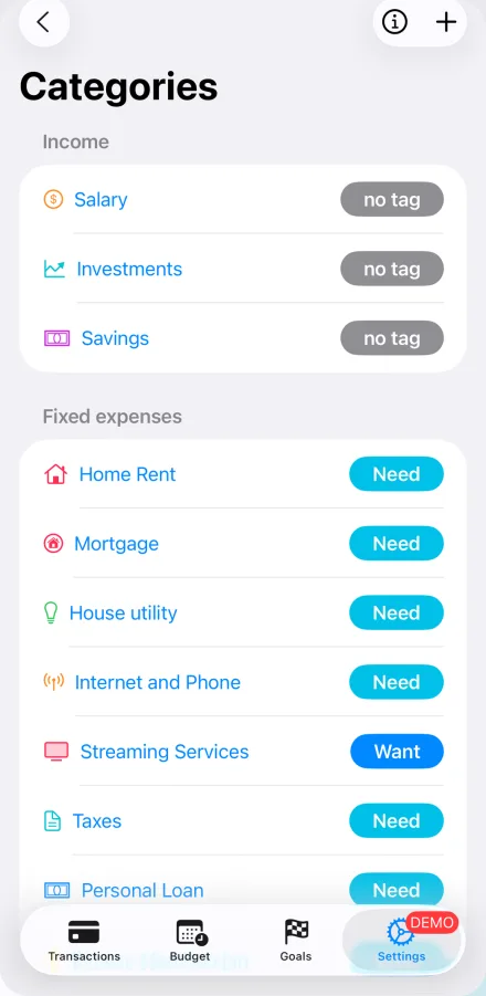 Category management, with each income and expense category tagged as a need or a want.